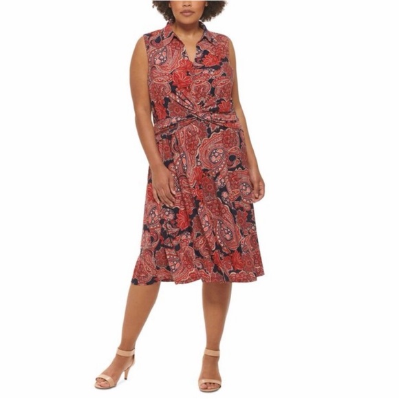 TOMMY HILFIGER Dresses & Skirts - TOMMY HILFIGER Womens Twist Front Sleeveless V Neck Midi Fit + Flare Dress 22W